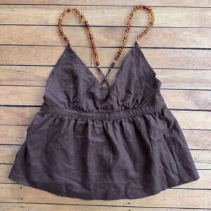 Rachel Zoe Nwt Women Size S Brown Beaded Shoulder Tank Top Linen Babydoll Crop